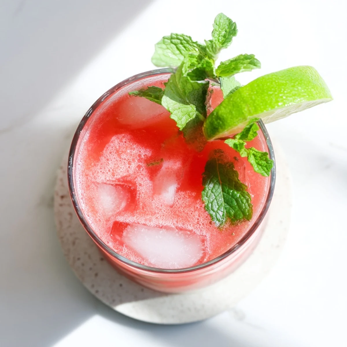 Refreshing low carb watermelon refresher drink poured over ice with mint leaves and fresh lime garnish