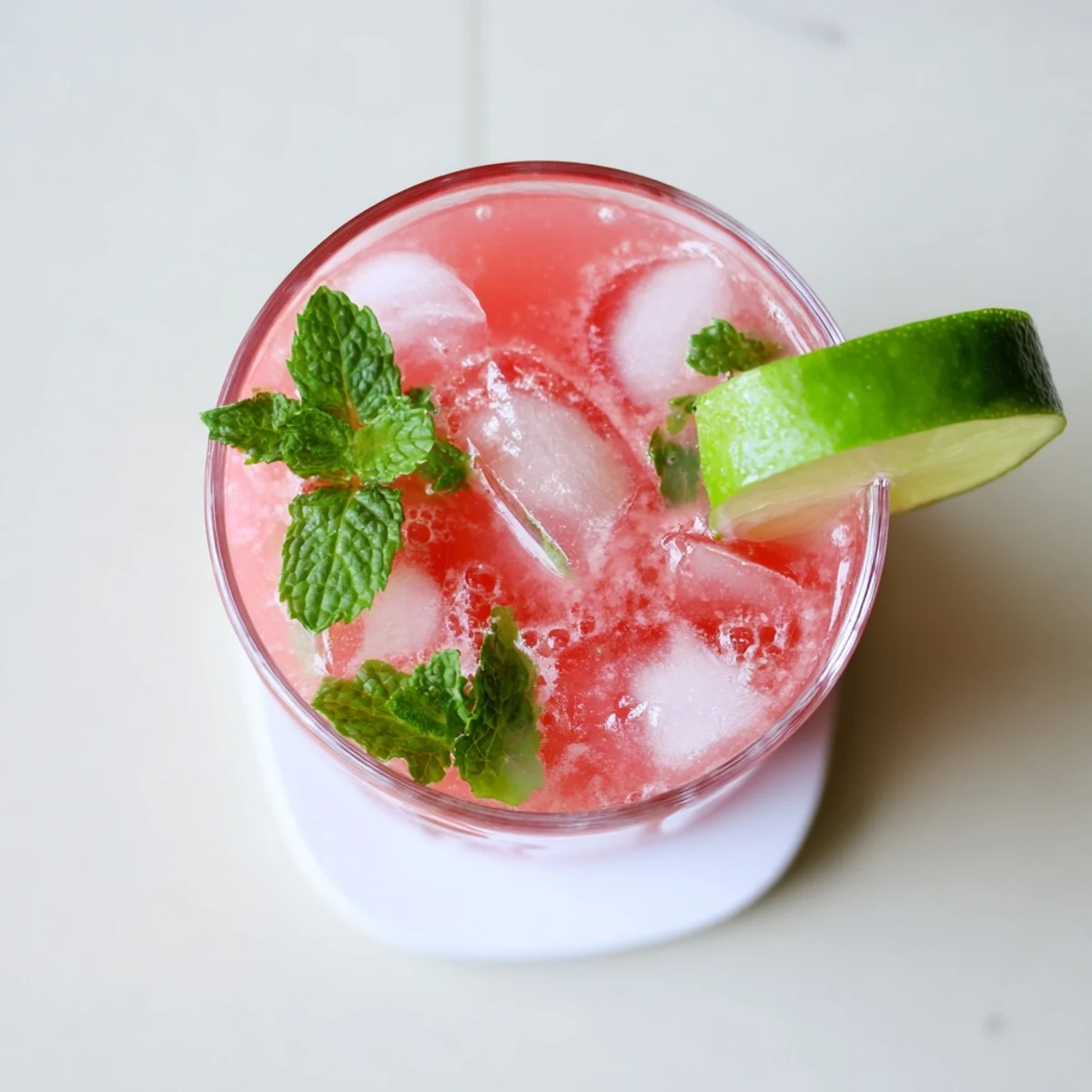 Tall chilled glass showcasing vibrant pink low carb watermelon refresher topped with cucumber slices and mint