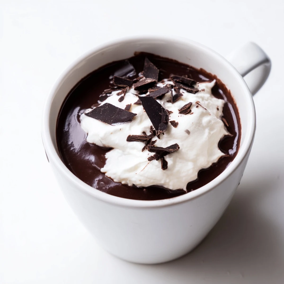 Steaming mug of sugar-free keto hot chocolate topped with whipped cream and shaved chocolate