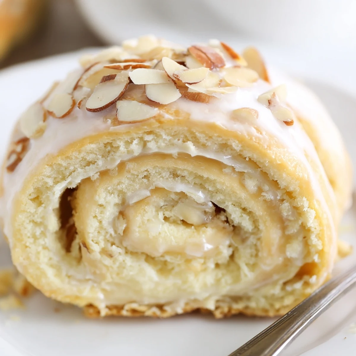Almond Cream Cheese Rolls steaming on a plate, sweet almond glaze glistening