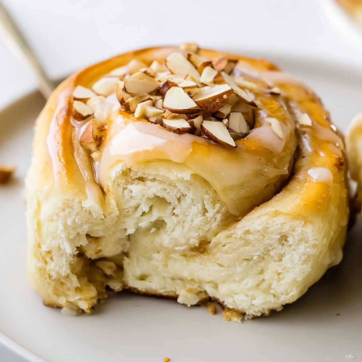 Warm Almond Cream Cheese Rolls sliced, cream cheese swirls and fragrant almond aroma