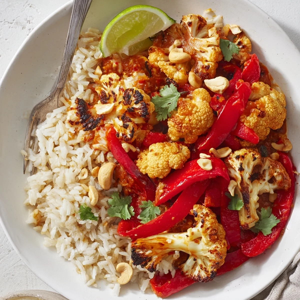 Roasted Cauliflower Red Curry Rice served atop fluffy jasmine rice with lime wedge