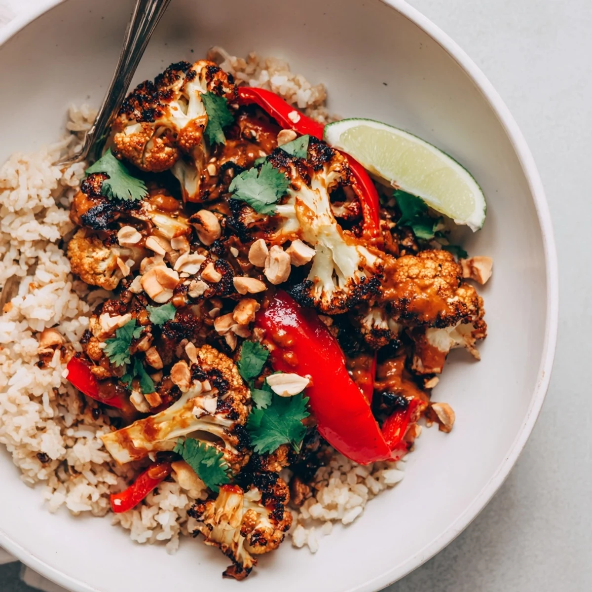 Bright Roasted Cauliflower Red Curry Rice topped with toasted cashews and cilantro