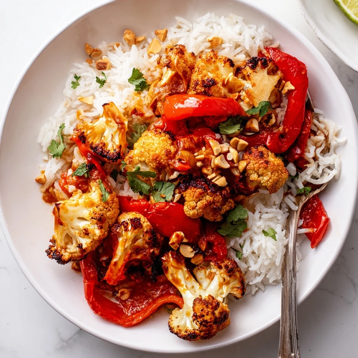Bowl of Roasted Cauliflower Red Curry Rice, creamy coconut sauce steaming