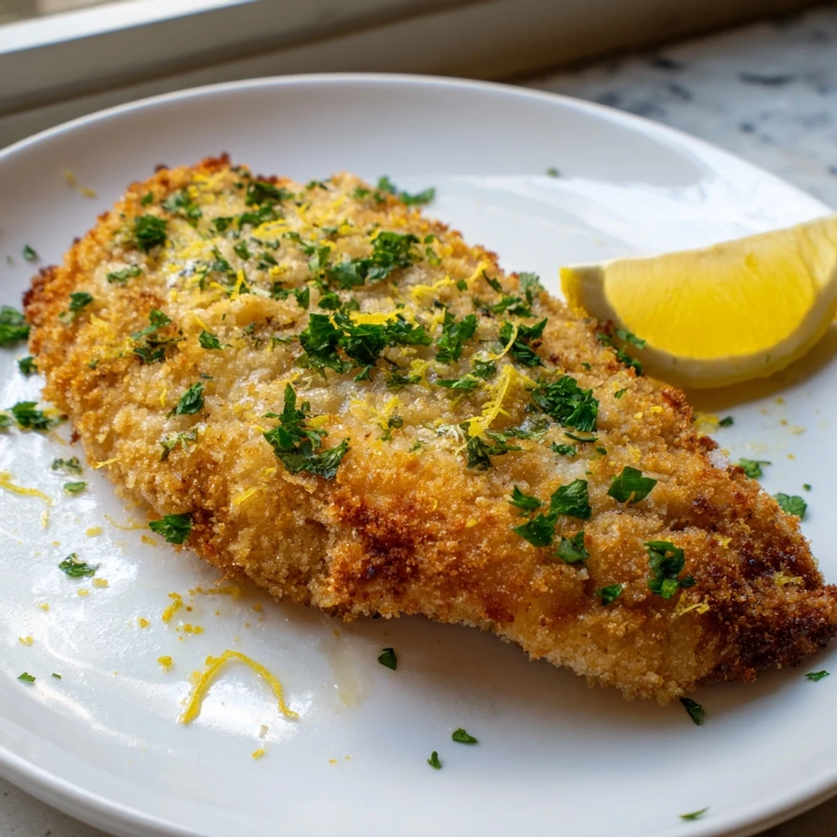 Golden crunch lemon chicken with crispy panko coating and fresh lemon wedges on white plate