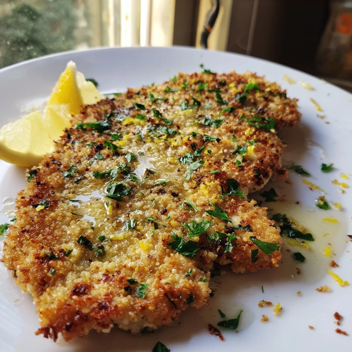 Pan-fried lemon chicken pieces with golden brown crust and zesty lemon zest sprinkled on top