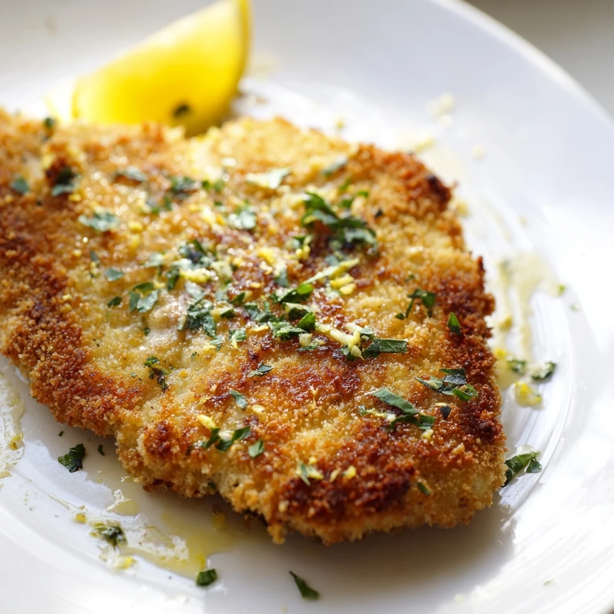 Crispy fried lemon chicken breast garnished with parsley and served with roasted potatoes