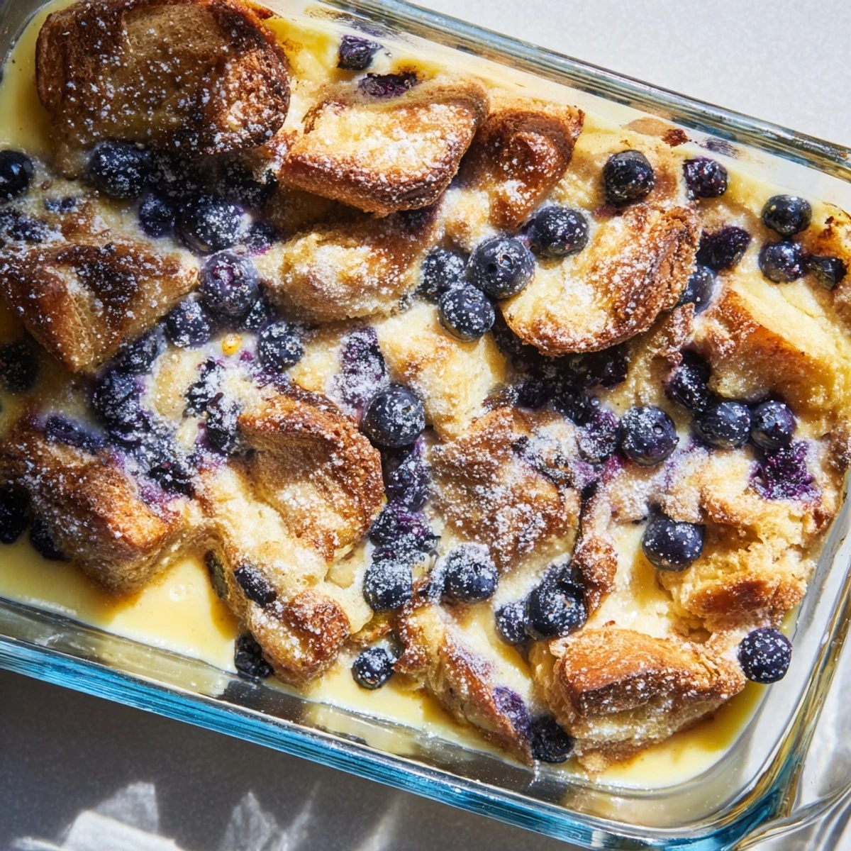 Buttery croissant pieces soaked in sweet vanilla cream cheese filling topped with plump blueberries