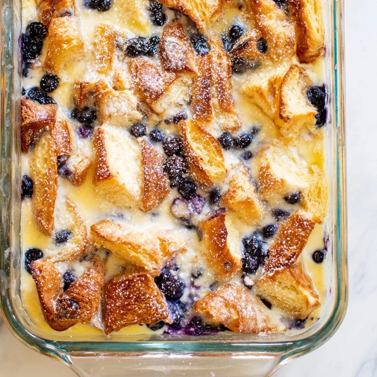 Warm breakfast casserole featuring layered croissants creamy cheesecake custard and juicy blueberry bursts