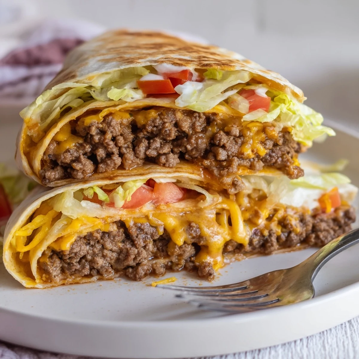 Ultimate Cheesy Beef Crunch Wraps sizzling golden, oozing melted cheese, served halved