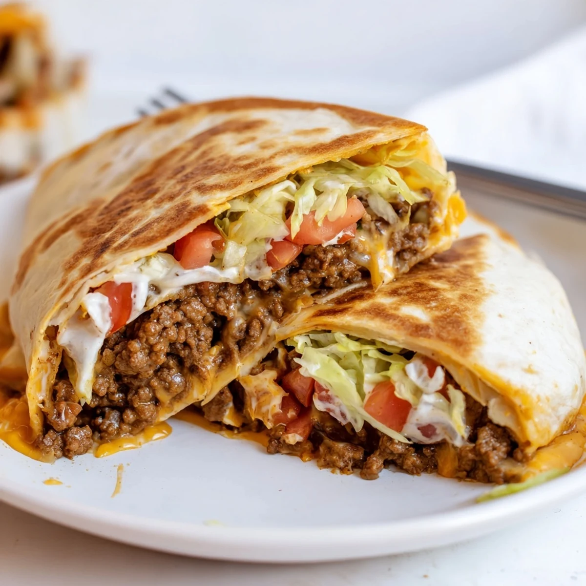 Warm Ultimate Cheesy Beef Crunch Wraps folded tight, crunchy tostada layer visible