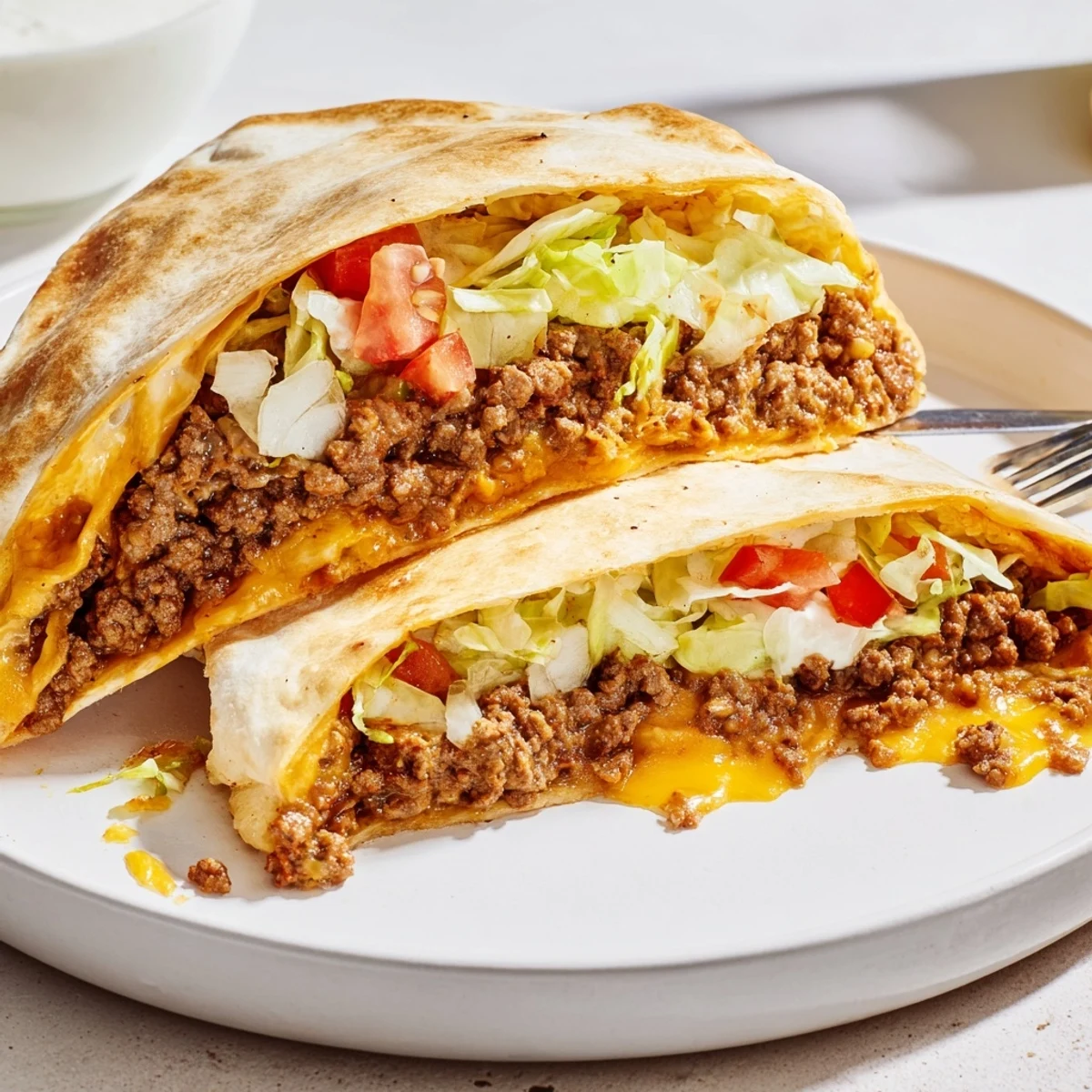 Family-style Ultimate Cheesy Beef Crunch Wraps sliced, tender beef and crisp lettuce peek