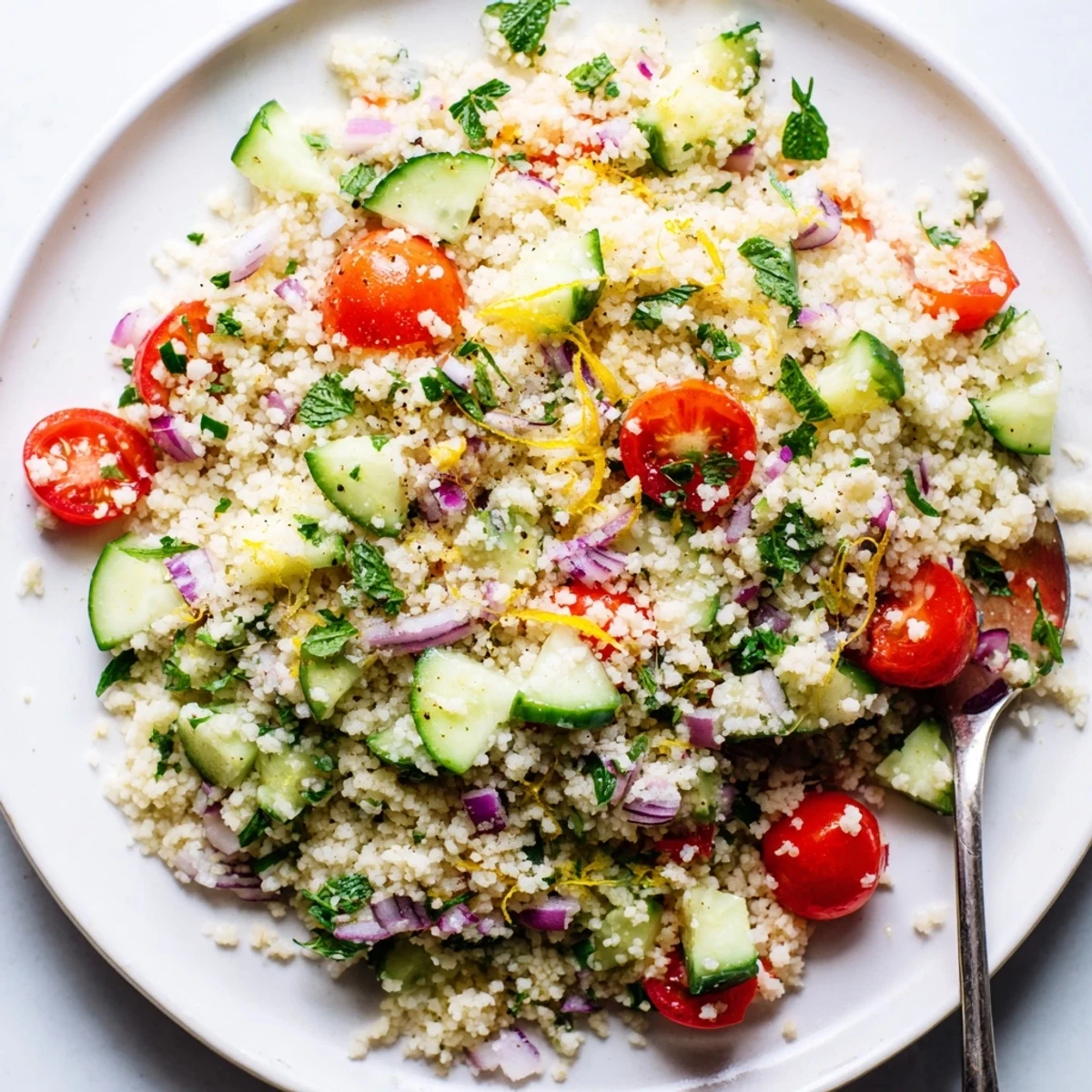 Chilled bowl of Cucumber Lemon Couscous Salad tossed with mint and juicy tomatoes.