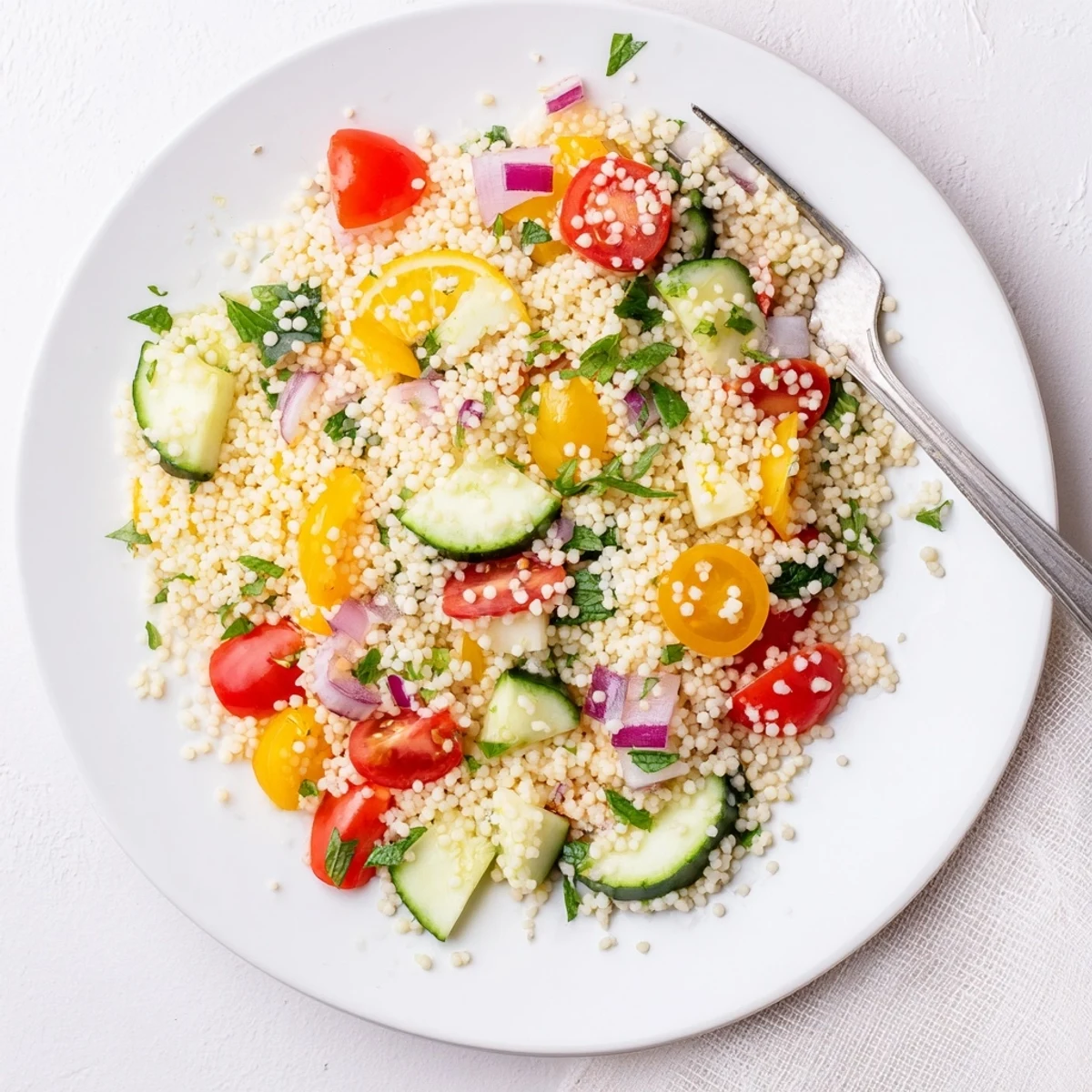 Cucumber Lemon Couscous Salad with fluffy grains, crisp cucumber, bright lemon dressing.
