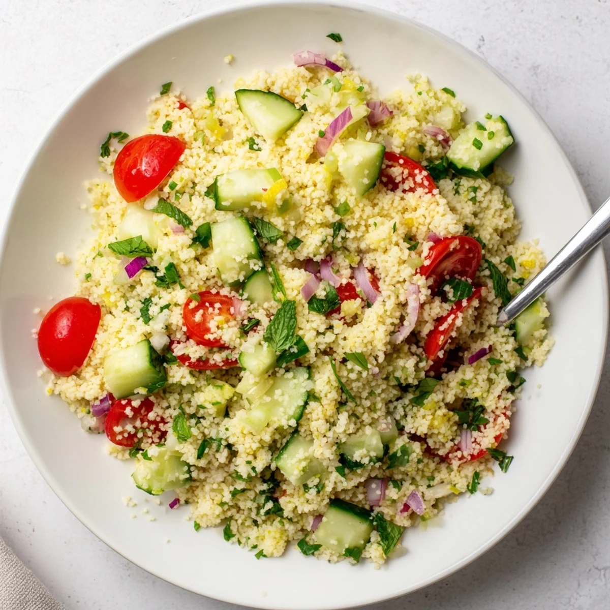 Summer-ready Cucumber Lemon Couscous Salad served in bowl, zesty and herb-scented.