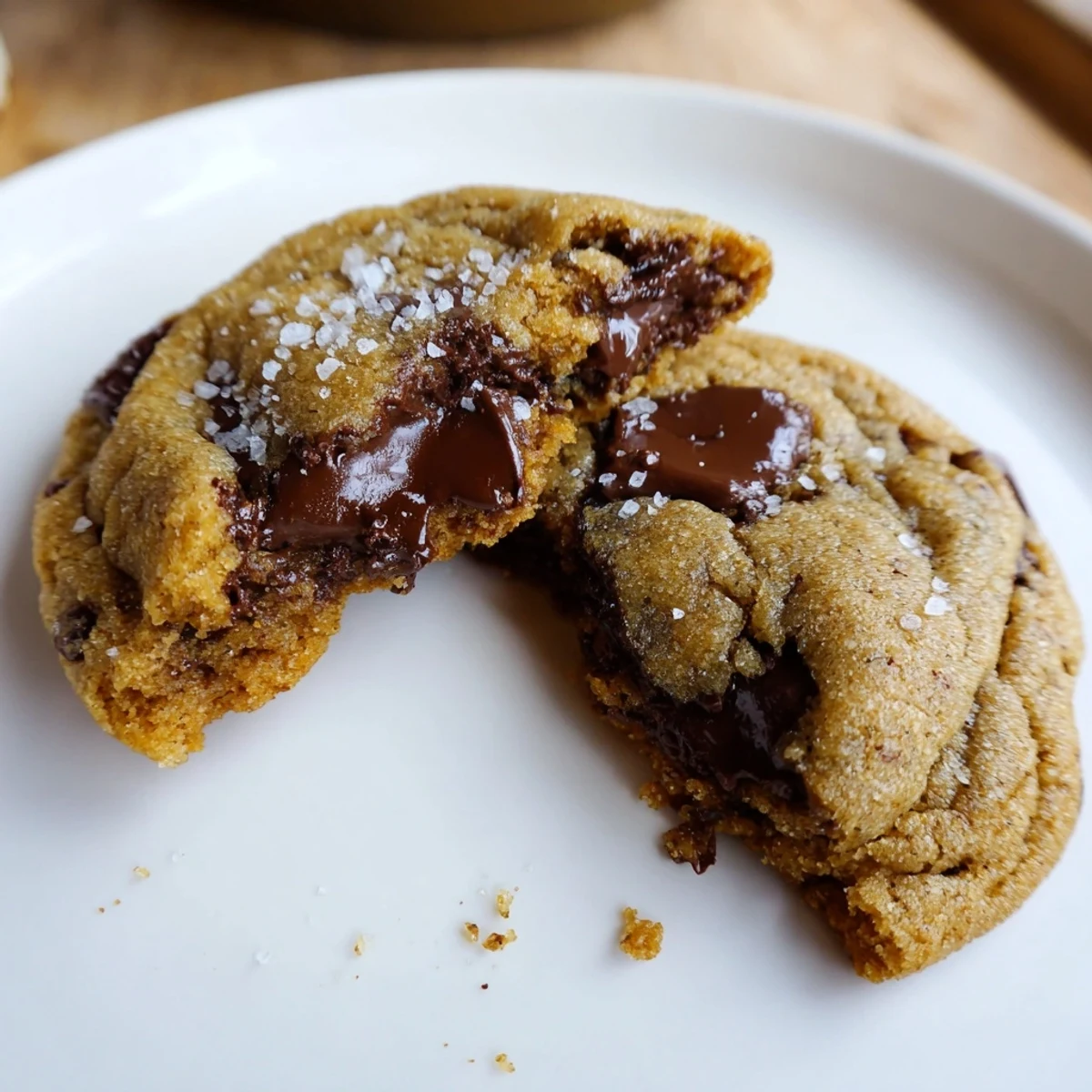 Freshly baked Brown Butter Chocolate Chip Cookies Recipe on wire rack, gooey centers