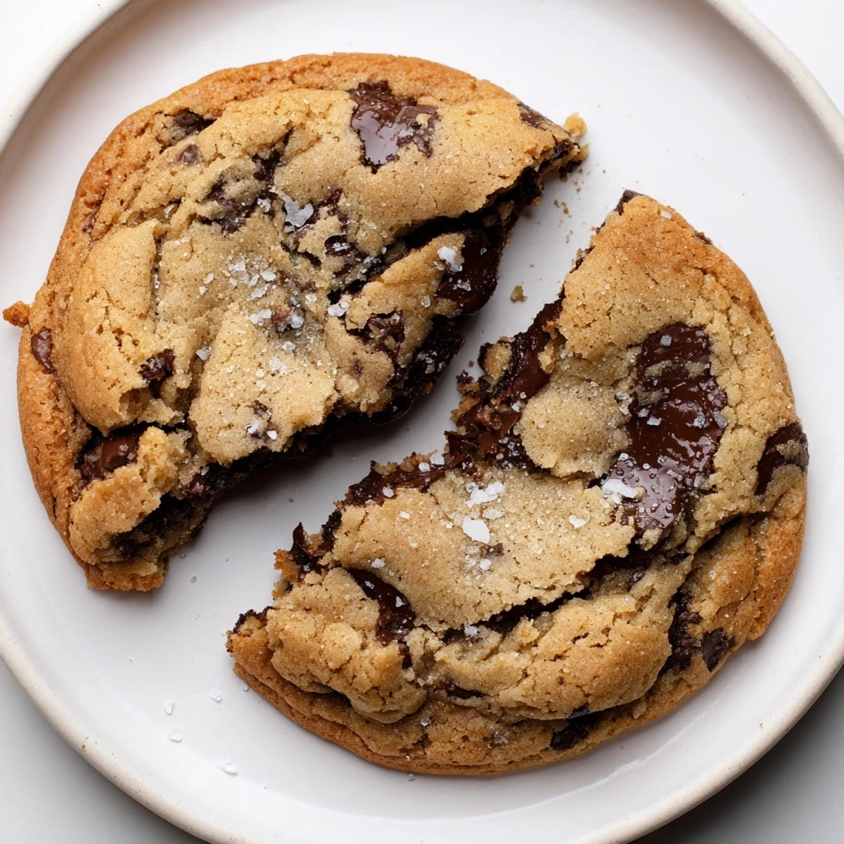 Stacked Brown Butter Chocolate Chip Cookies Recipe beside cold milk and flaky salt