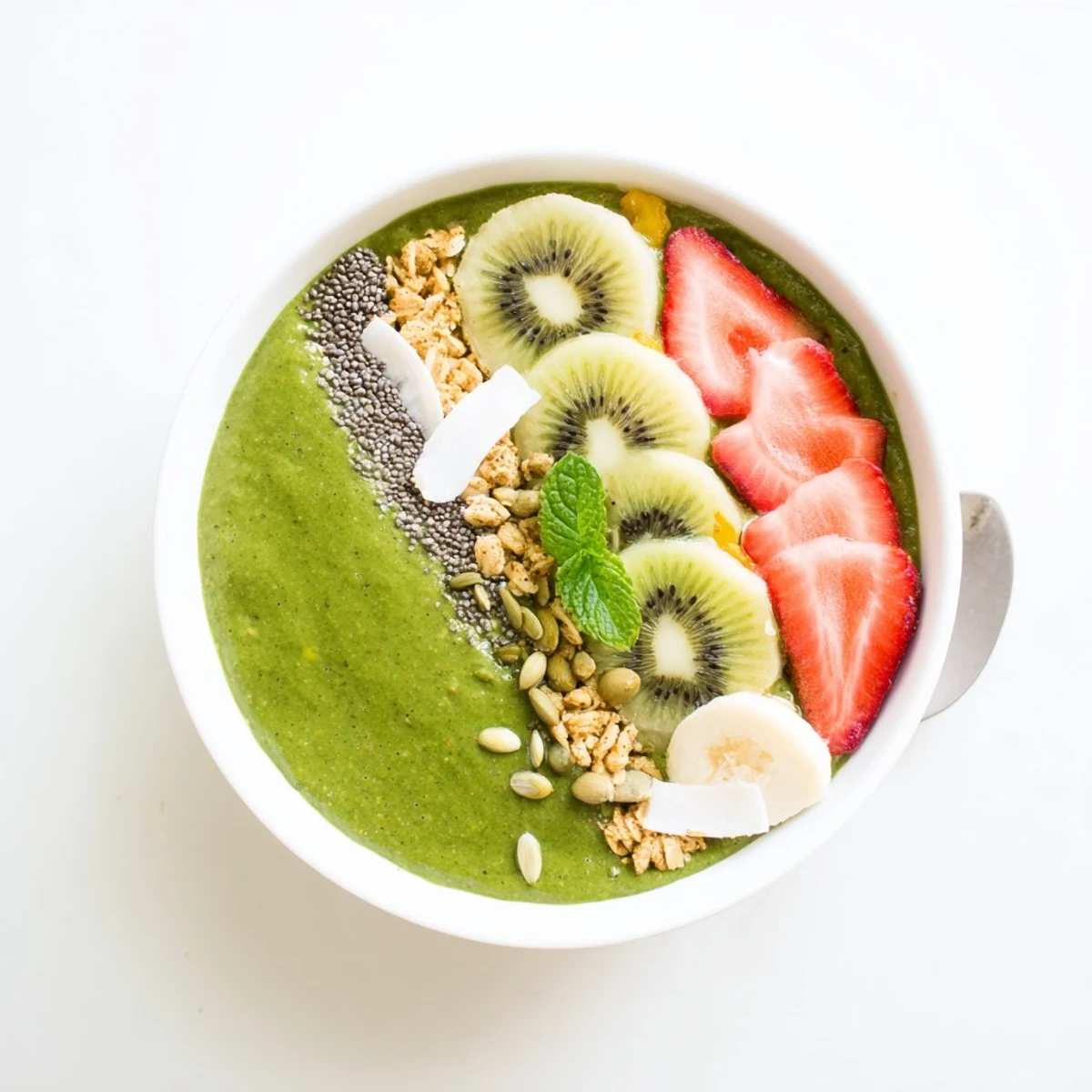 Green Smoothie Bowls topped with sliced kiwi, strawberries, crunchy granola, mint