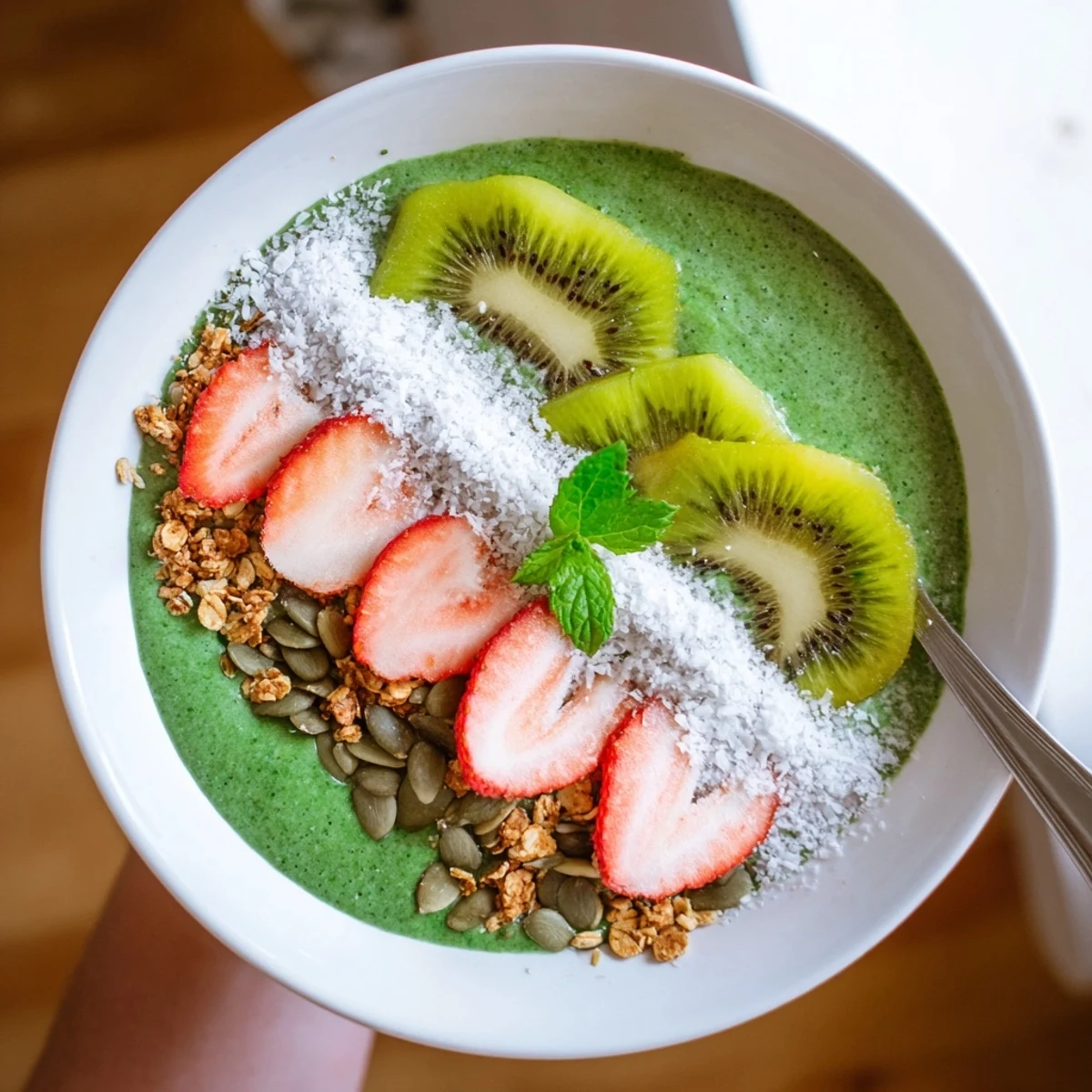 Creamy Green Smoothie Bowls served chilled with coconut flakes and pumpkin seeds