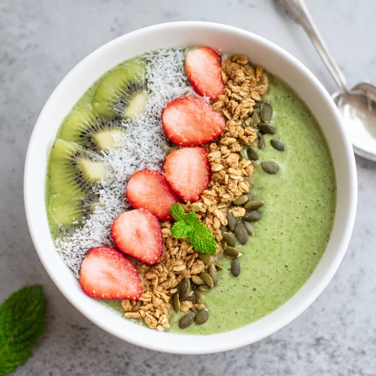 Vibrant Green Smoothie Bowls for breakfast, spoon-ready with mango, banana, chia seeds