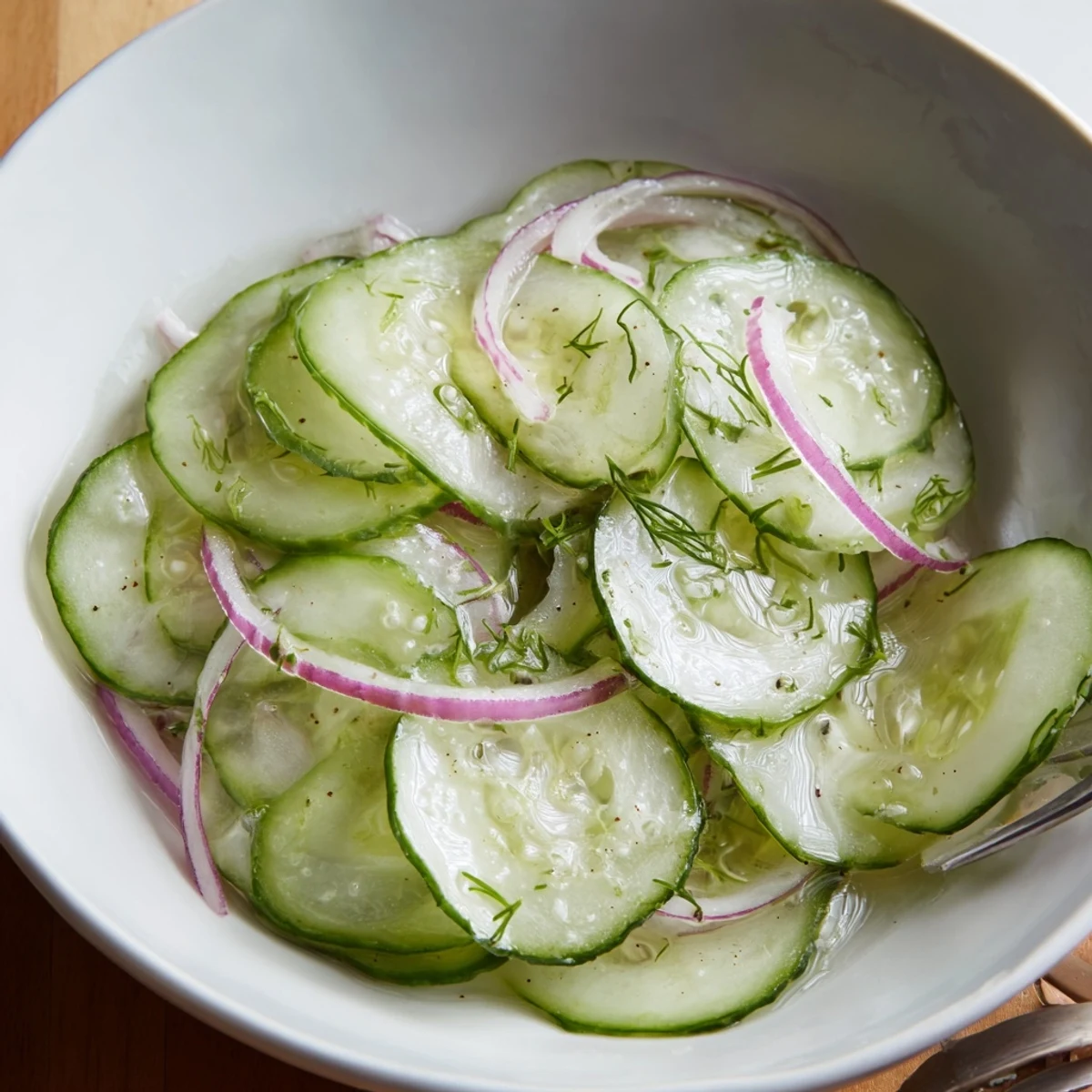 Cucumber Salad with thinly sliced dill and red onion, chilled and crisp