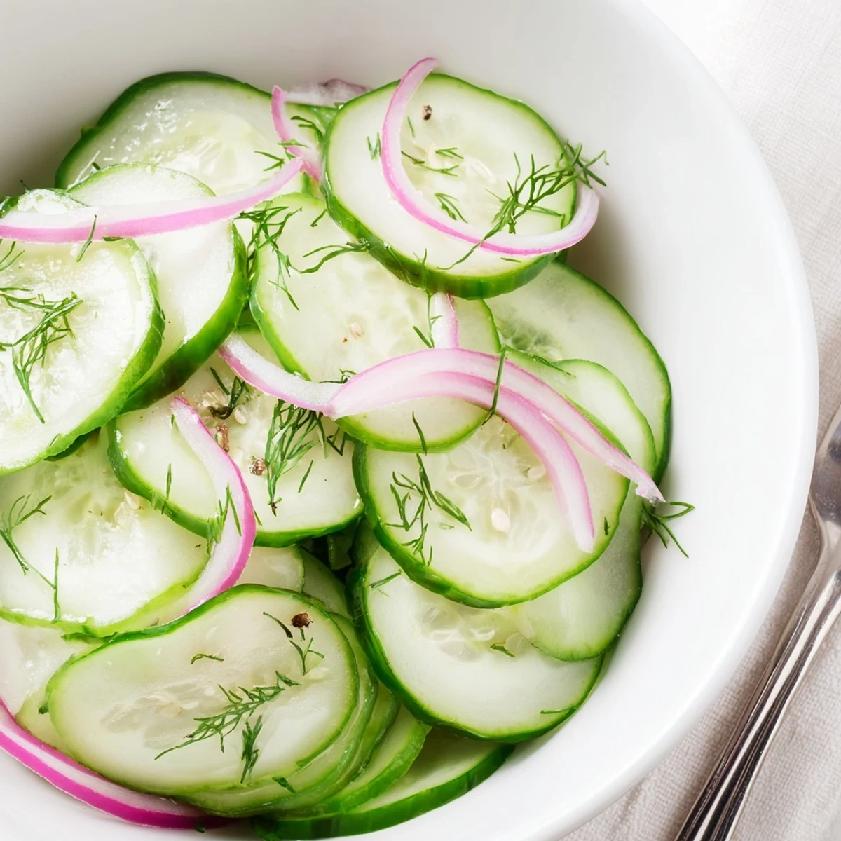 Light Cucumber Salad tossed in tart white wine vinegar, perfect summer side