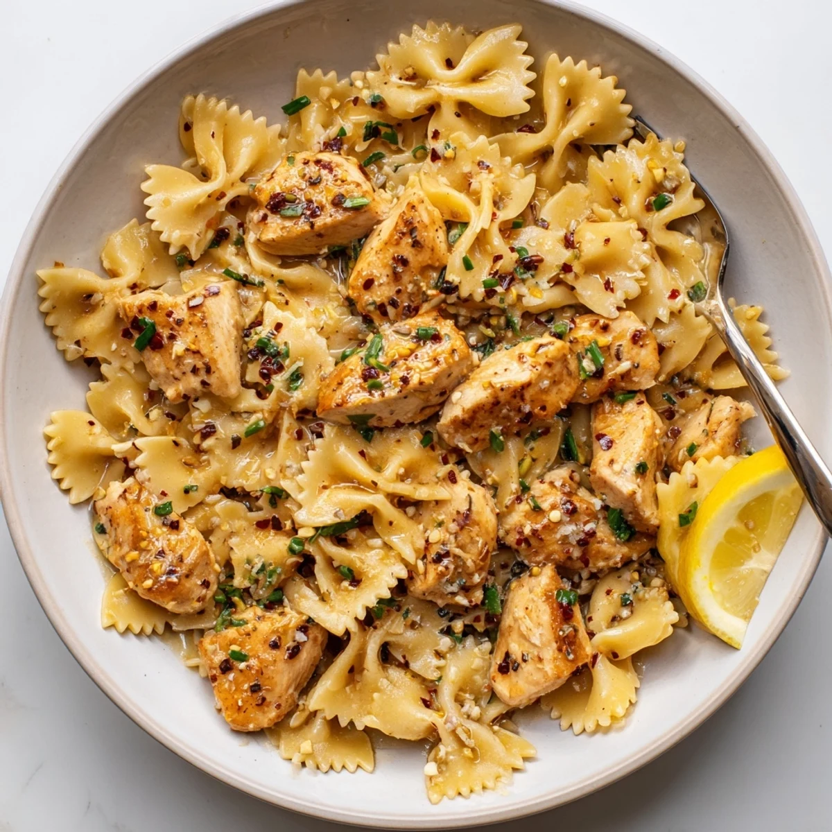 Cowboy Butter Lemon Bowtie Chicken glistening with fresh herbs, garlic, and lemon wedges.