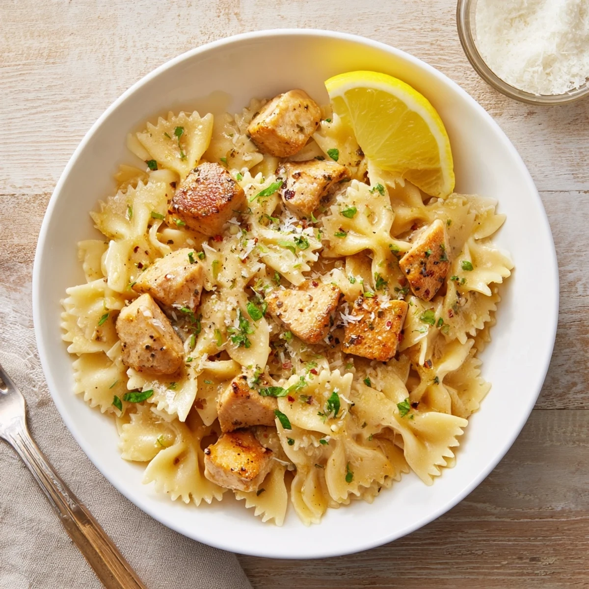A creamy Cowboy Butter Lemon Bowtie Chicken tossed in buttery sauce, garnished with chives.