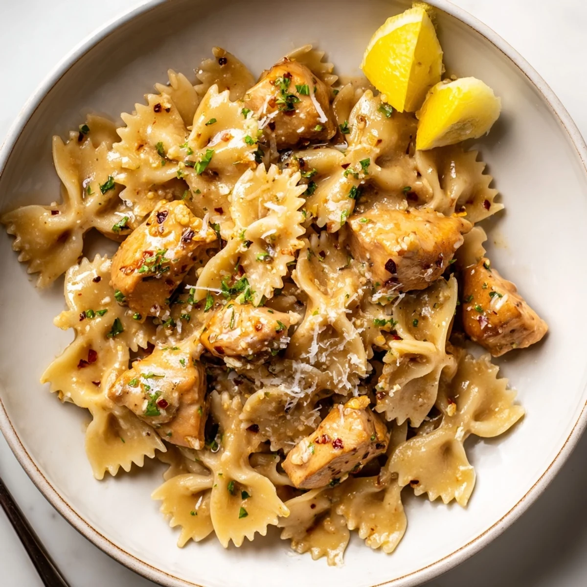 Skillet seared Cowboy Butter Lemon Bowtie Chicken topped with bright lemon zest and parsley.