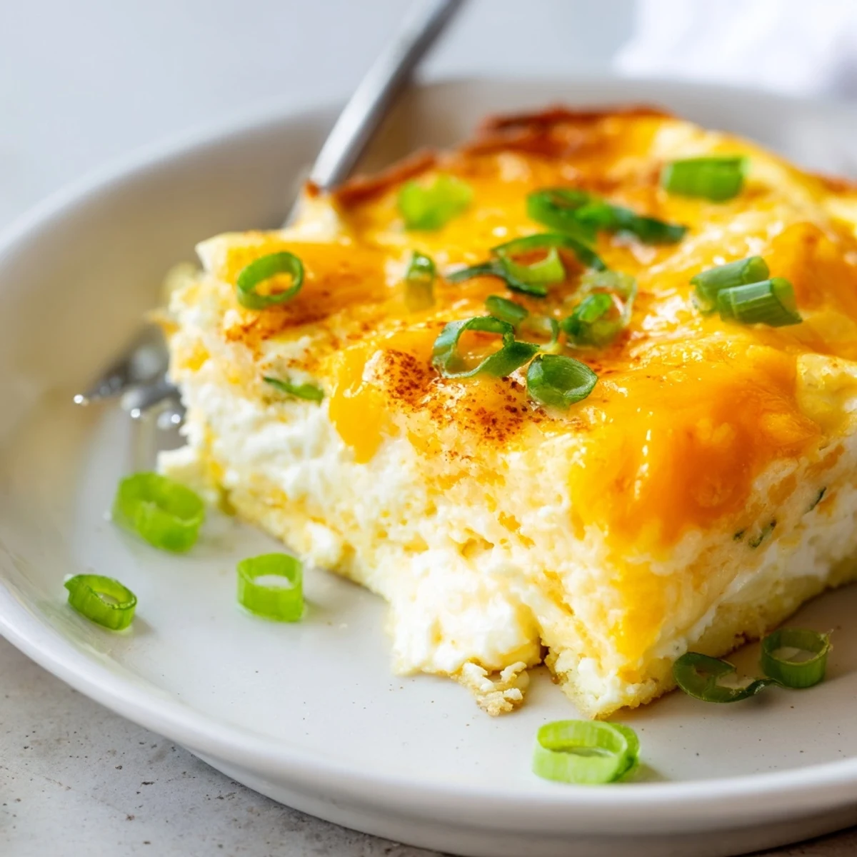 Cheesy Cottage Cheese Eggcloud Bake, golden and fluffy, topped with chives