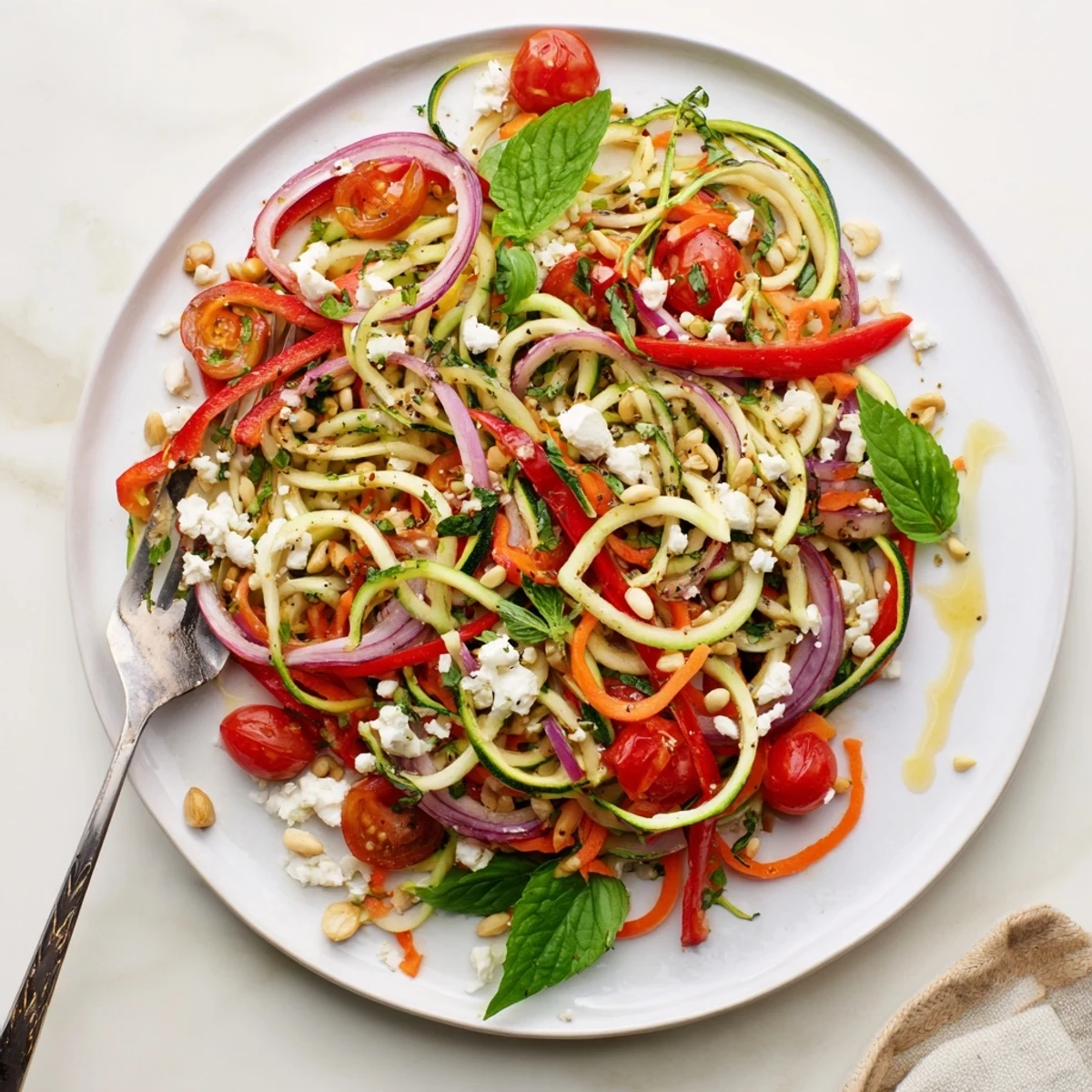 Refreshing zucchini noodle salad delight with colorful vegetables and tangy citrus dressing in white bowl
