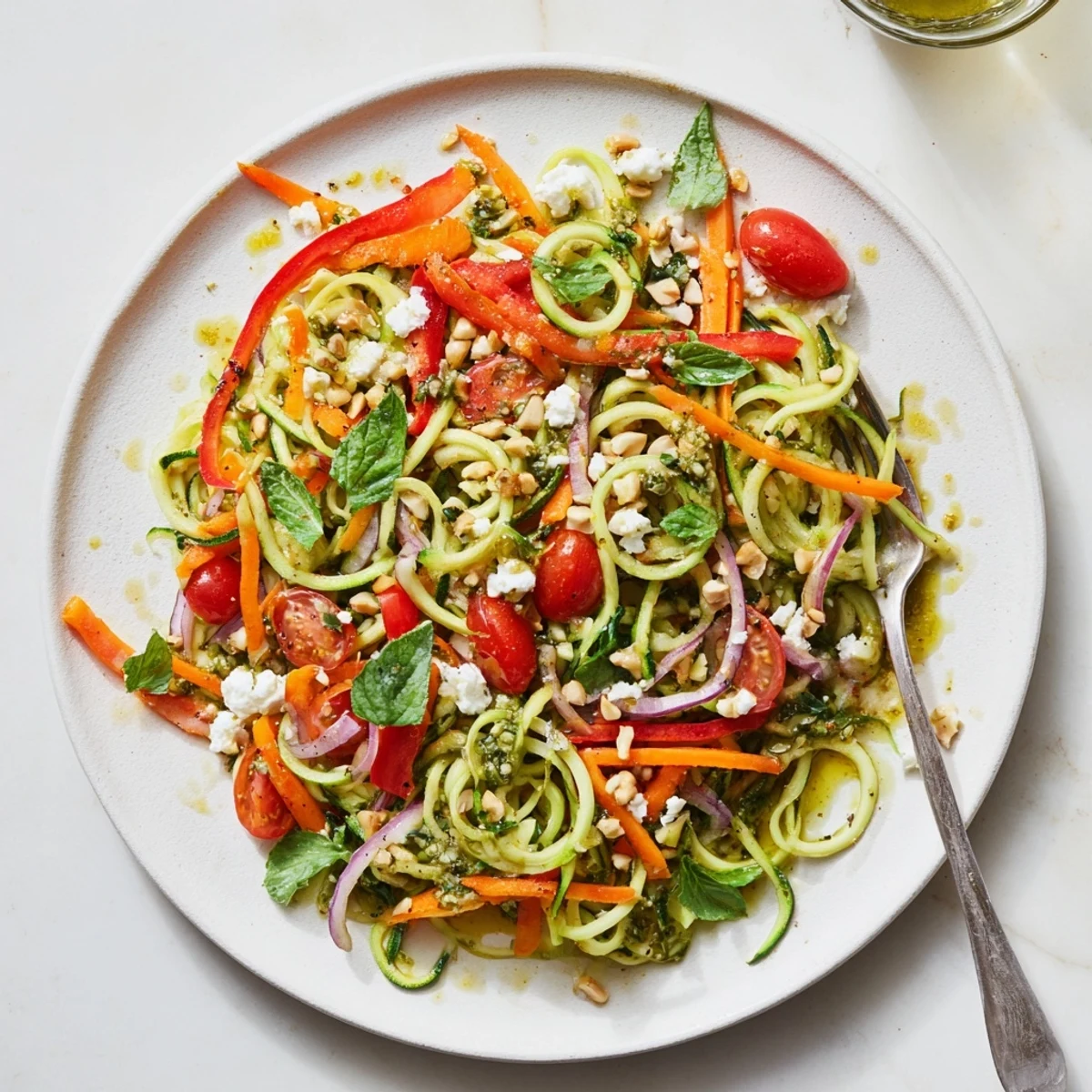 Vibrant refreshing zucchini noodle salad delight topped with feta cheese and toasted pine nuts on rustic table