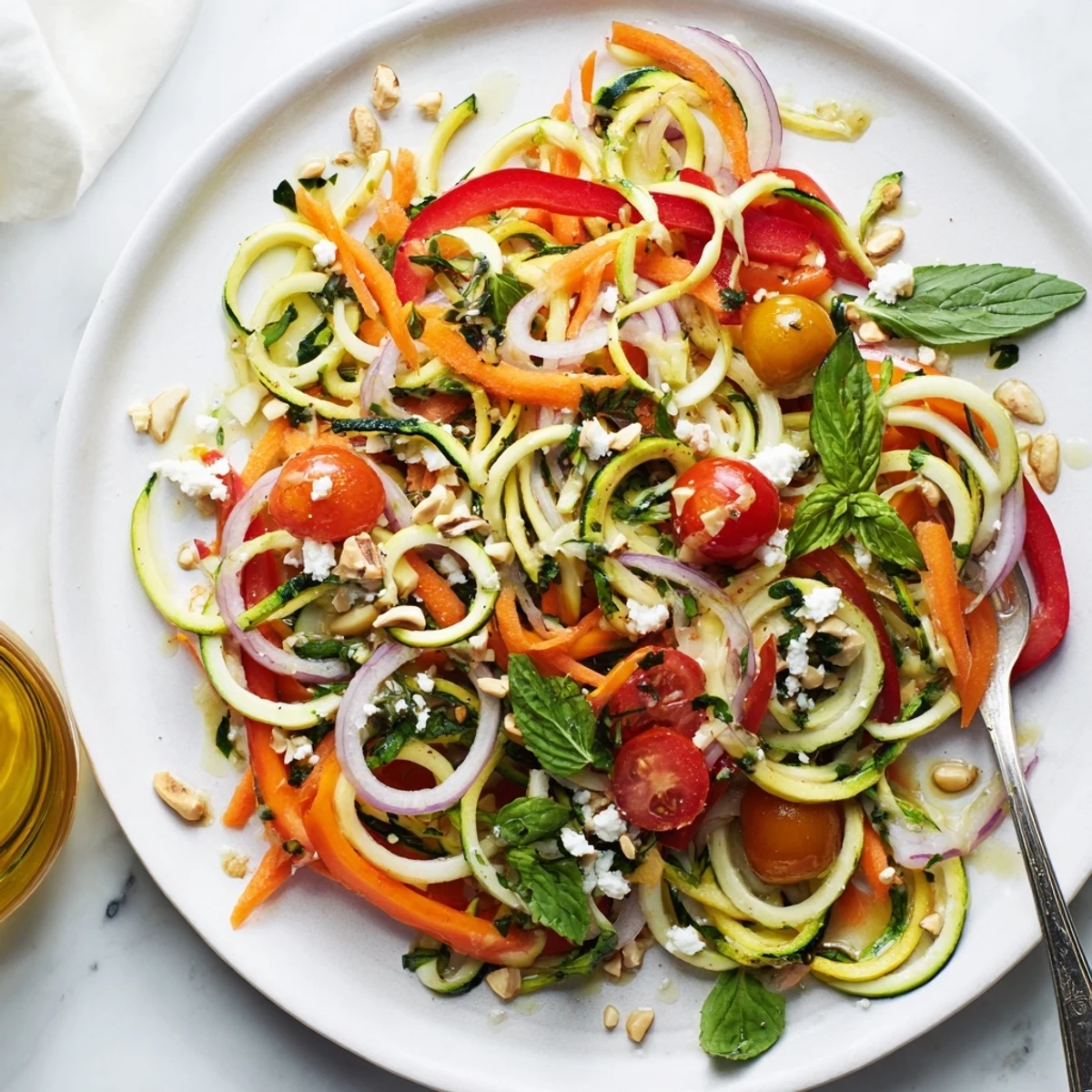 Crisp spiralized zucchini noodles tossed with cherry tomatoes, bell peppers, and fresh herbs in light lunch