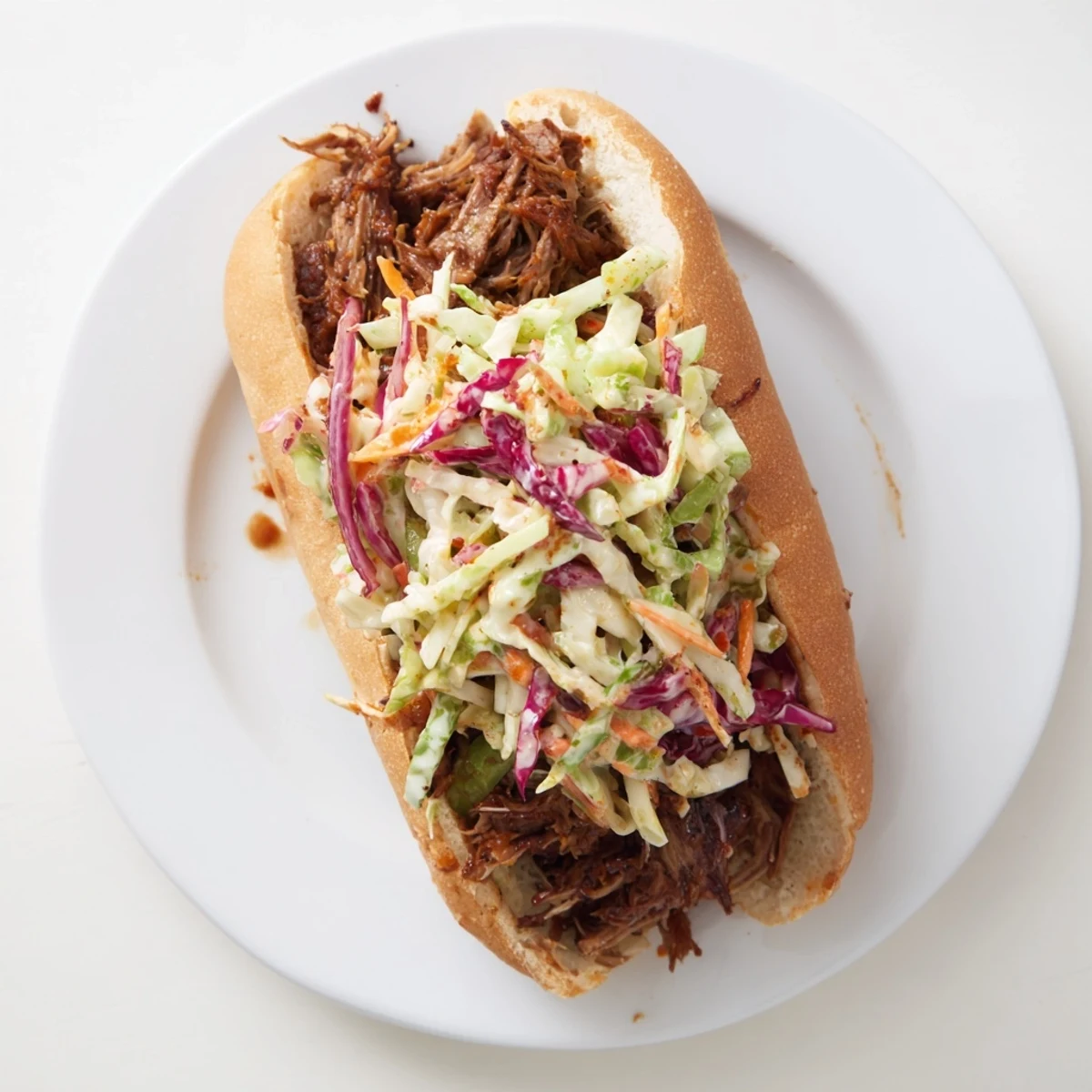 Tender smoky BBQ beef sandwiches piled high with vibrant crunchy coleslaw on toasted buns