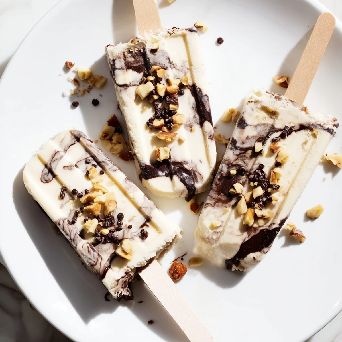Creamy chocolate banana bliss popsicles swirled with melted dark chocolate on wooden sticks