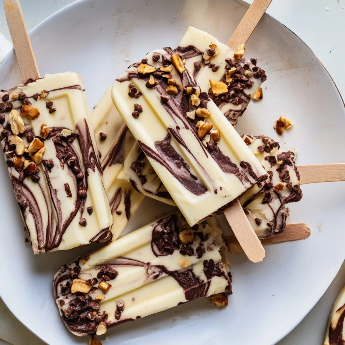 Rich chocolate banana bliss popsicles topped with mini chips on a bright summer day