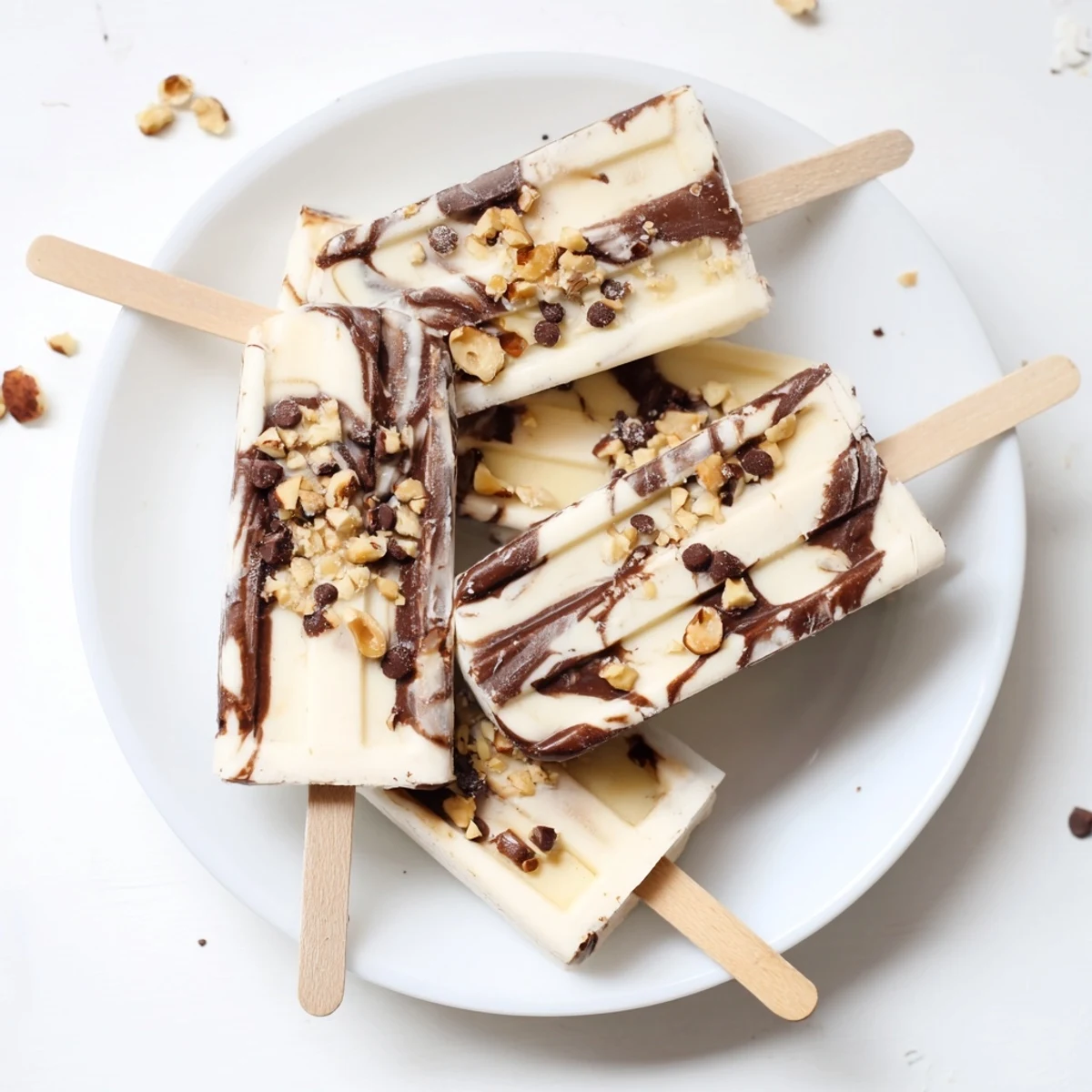 Frozen chocolate banana bliss popsicles featuring marbled chocolate and fresh banana cream layers