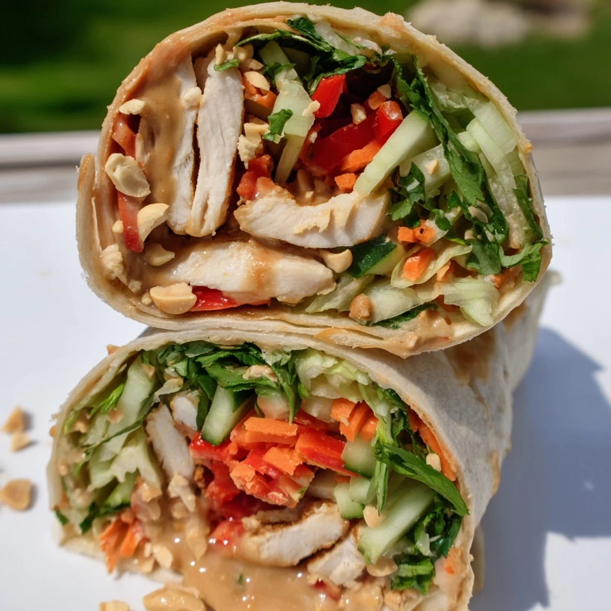 Fresh Thai peanut chicken wraps sliced open revealing colorful vegetables and creamy peanut sauce drizzle