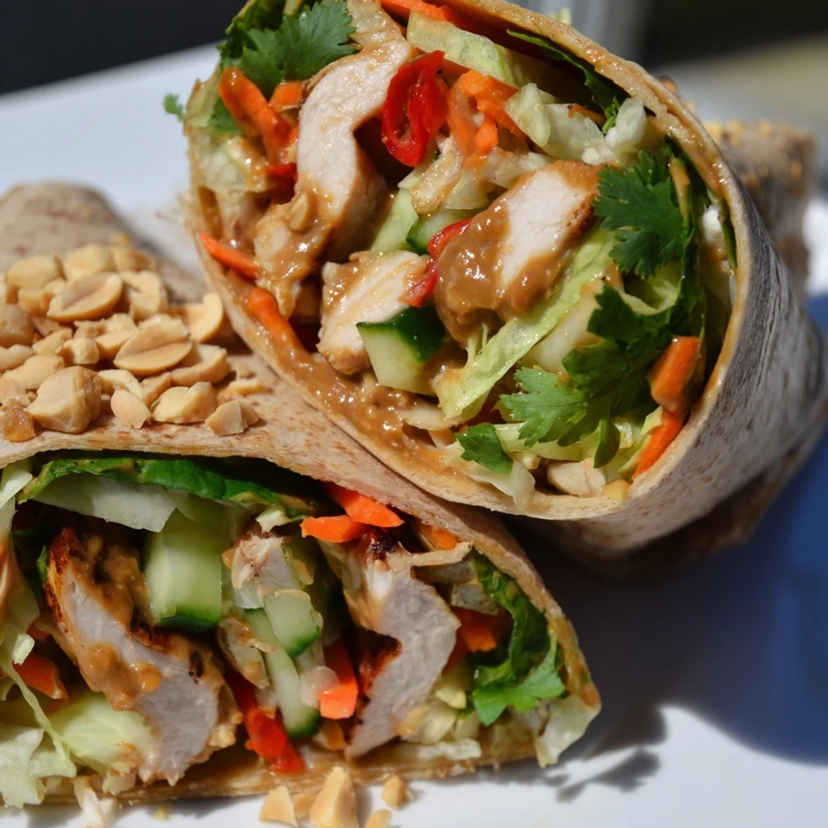 Hand-held Thai peanut chicken wraps overflowing with crunchy vegetables and savory peanut dressing