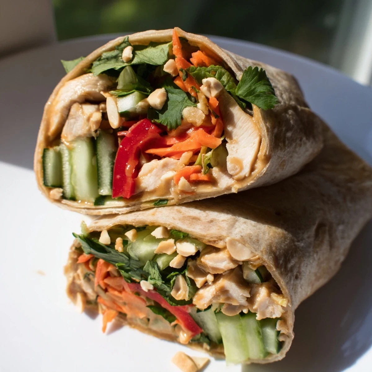 Golden grilled chicken wraps stuffed with crisp peppers, cucumbers, carrots, and cilantro