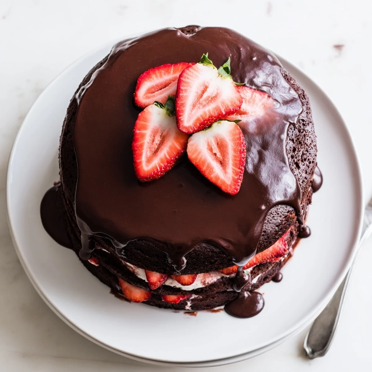 Moist strawberry chocolate cake showcasing fresh berries and dripping chocolate ganache topping
