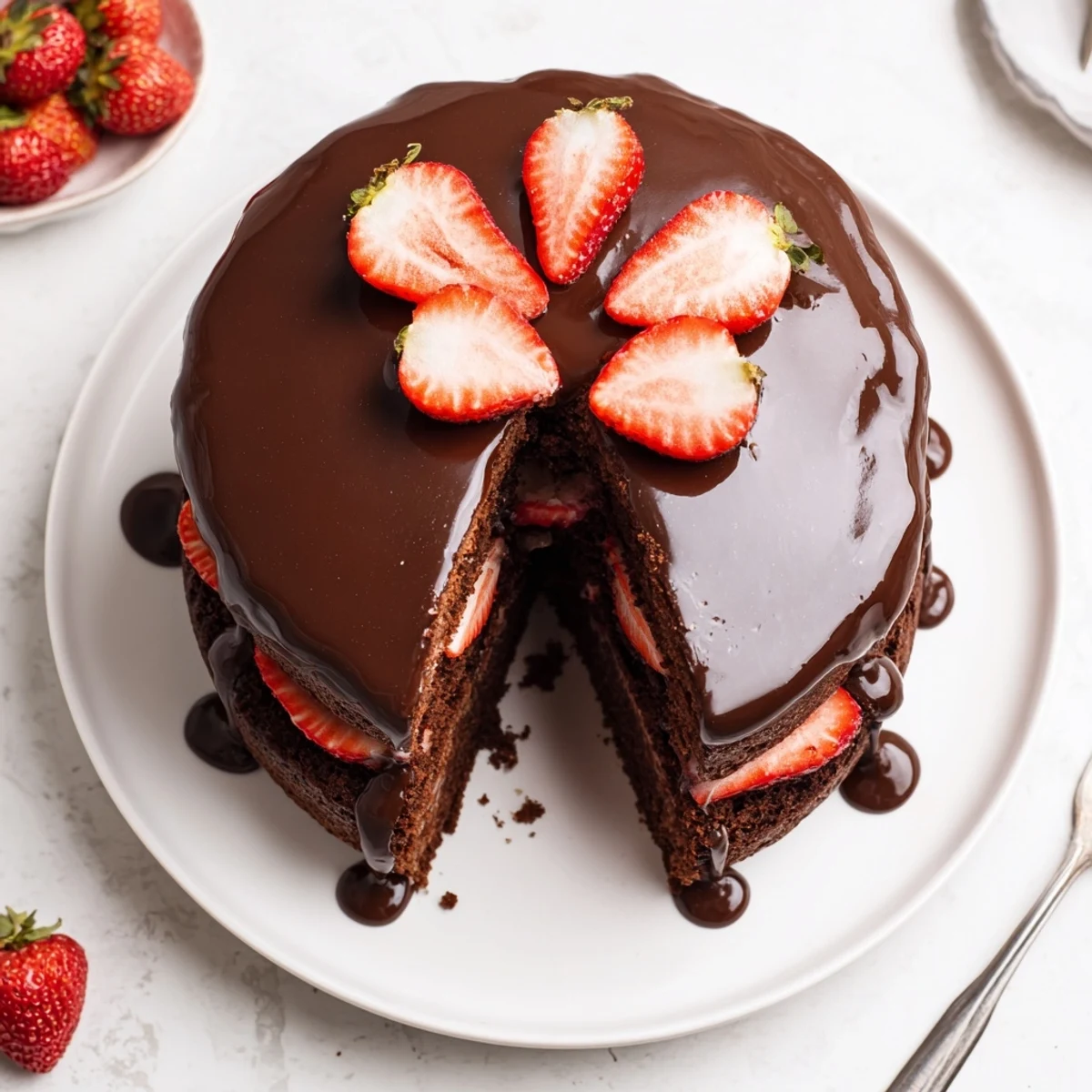 Decadent layered strawberry chocolate cake with glossy ganache and ripe strawberry garnish