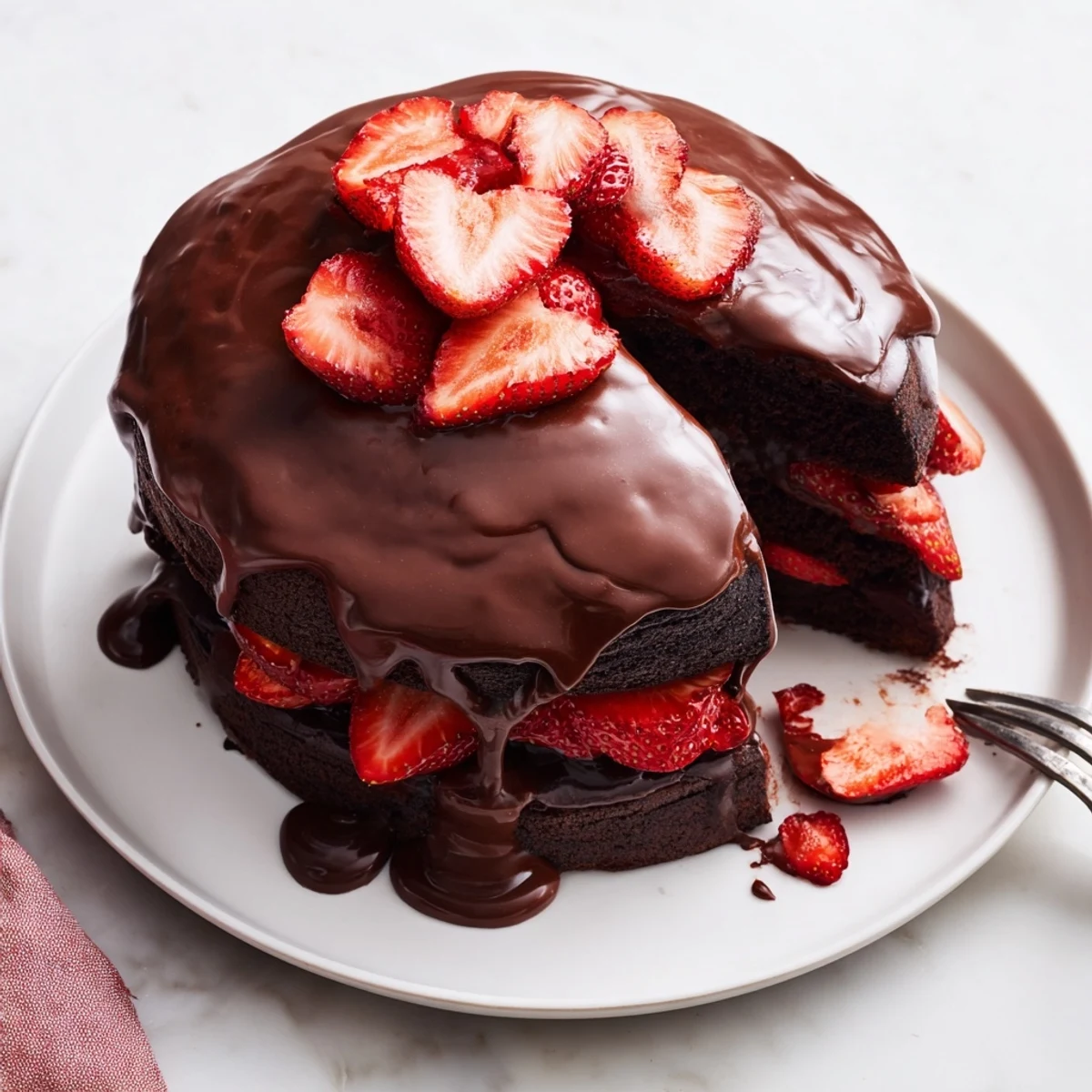 Rich strawberry chocolate cake slice revealing fluffy layers and sweet strawberry filling