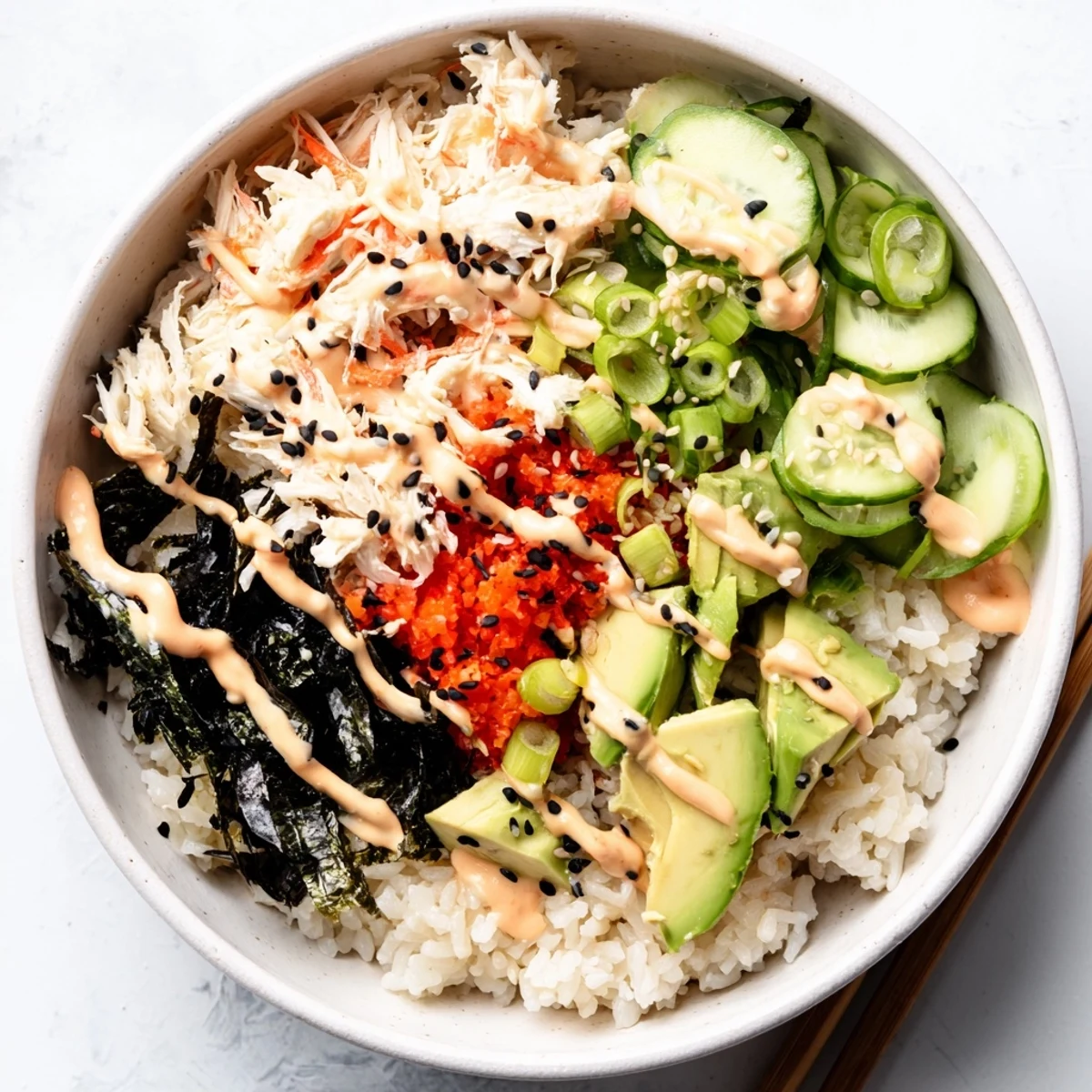 Colorful California roll sushi bowl with fluffy rice, crab, avocado, cucumber, and spicy mayo drizzle