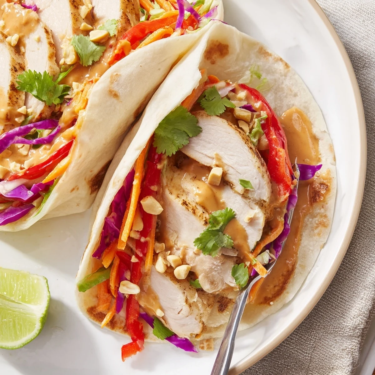 Thai Peanut Chicken Wraps sliced, showing creamy sauce, crisp cabbage, cilantro