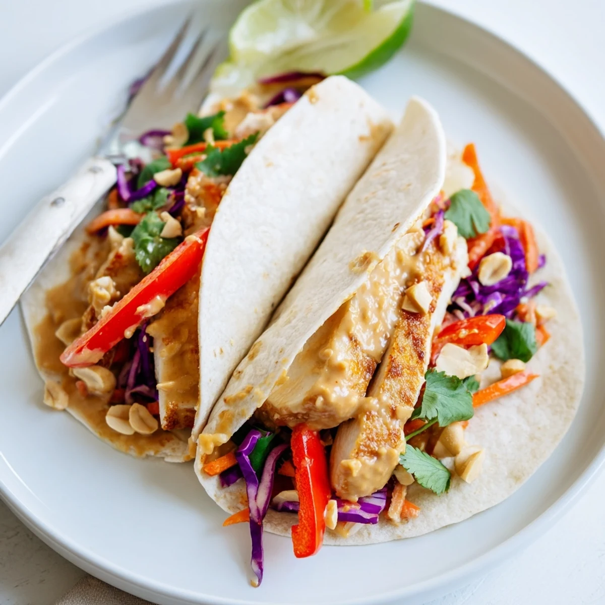 Warm Thai Peanut Chicken Wraps piled on plate, tangy lime wedge