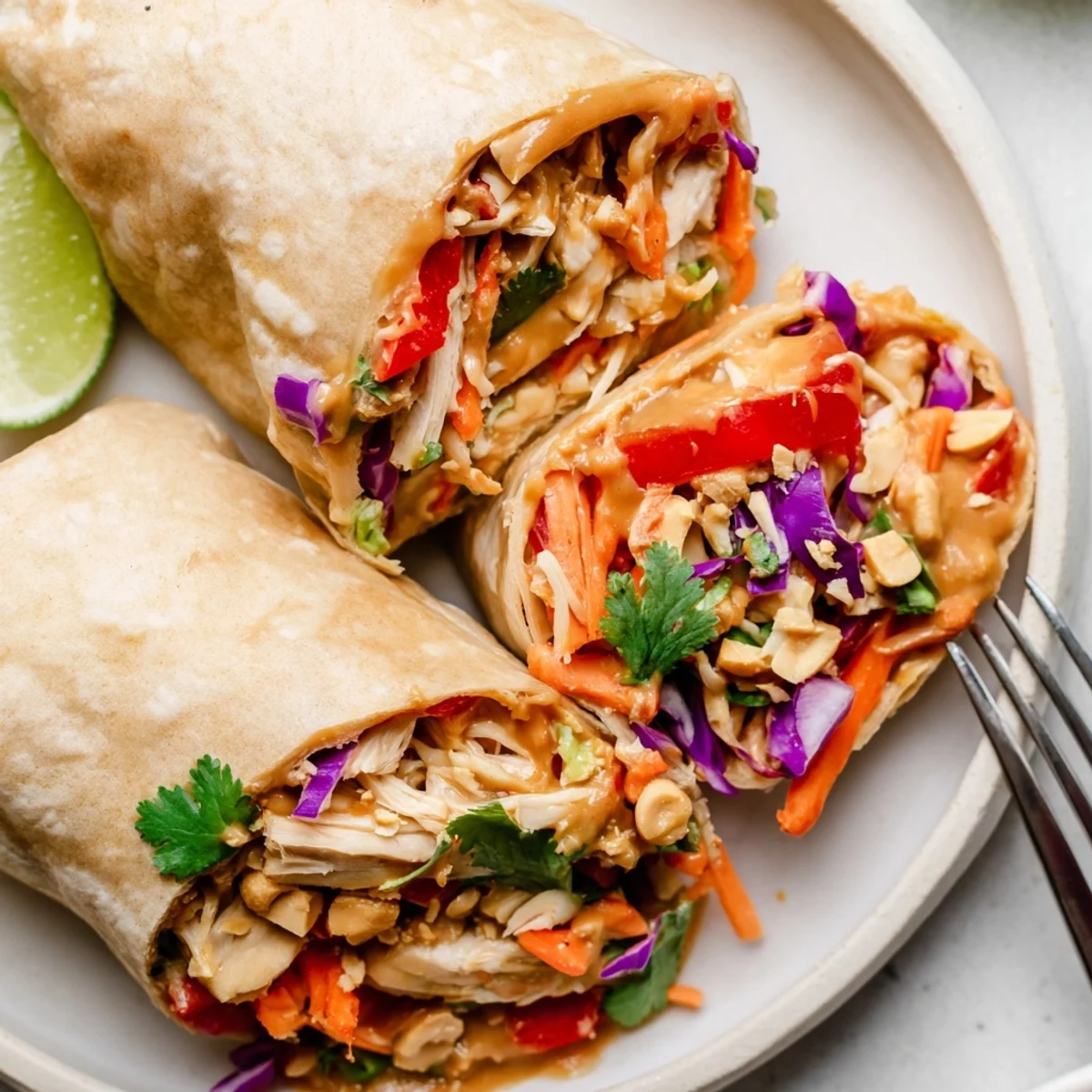 Folded Thai Peanut Chicken Wraps steaming, juicy chicken, crisp red pepper
