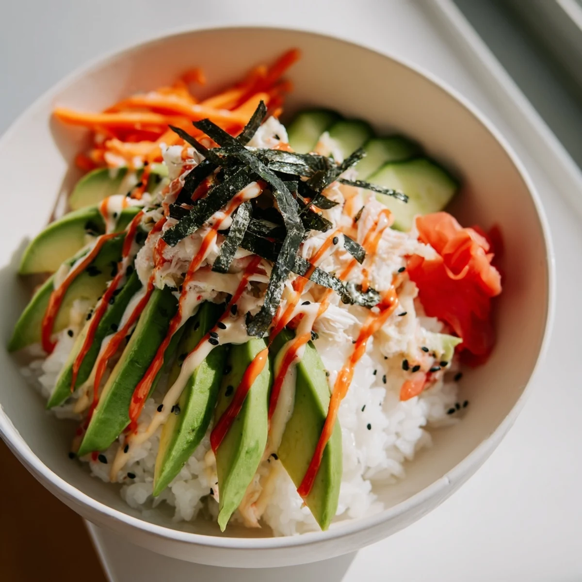 Bright California Roll Sushi Bowls arranged over seasoned rice, drizzled with spicy mayo