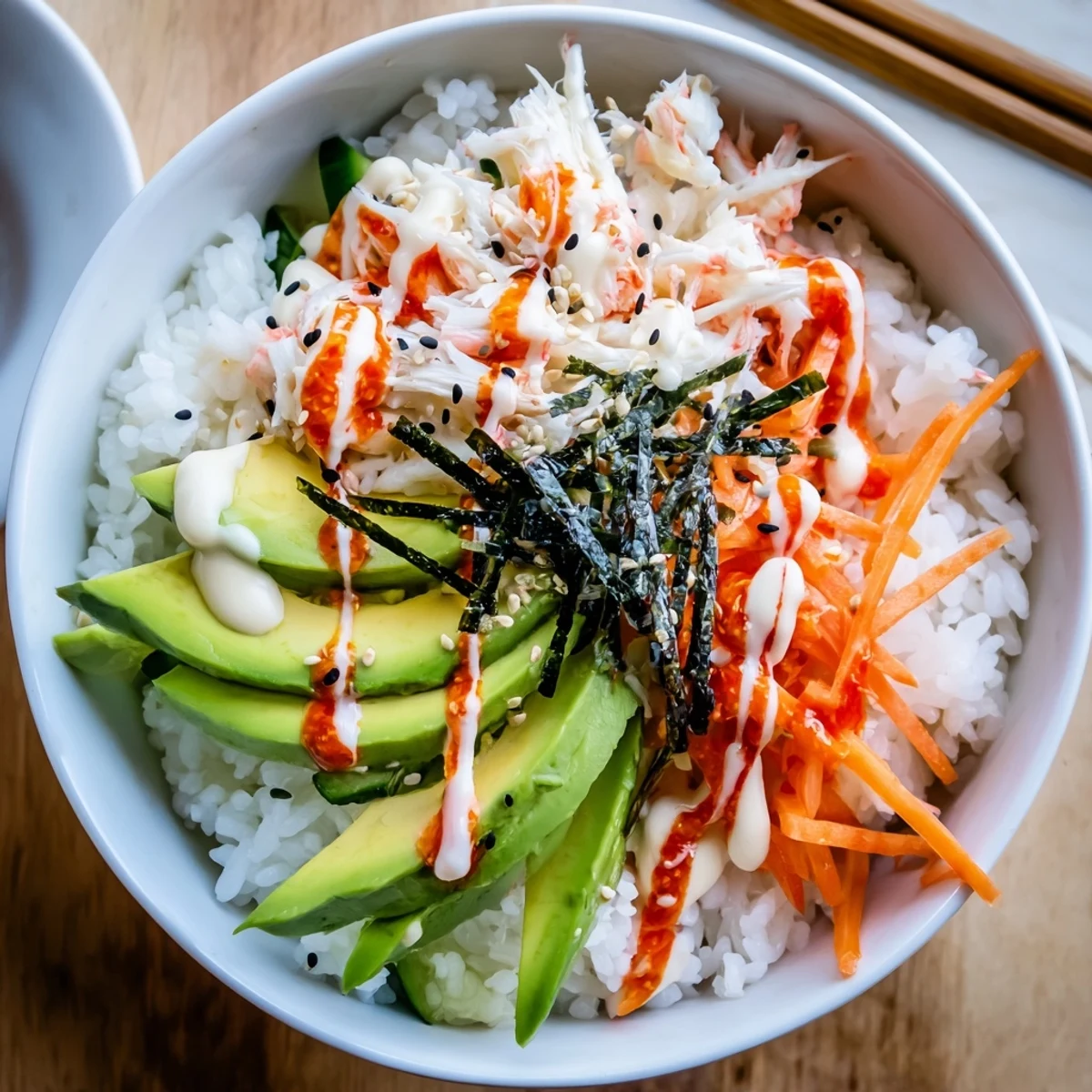 Weeknight California Roll Sushi Bowls served with pickled ginger, soy sauce on side