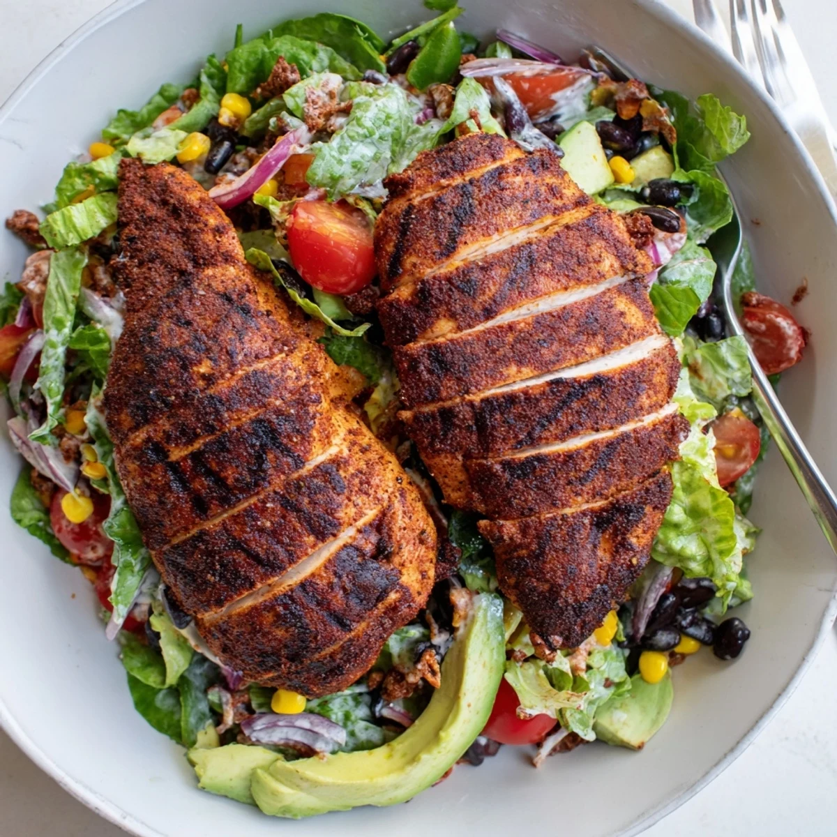 Crisp greens, roasted corn, avocado and grilled chicken in Southwestern Chicken Salad